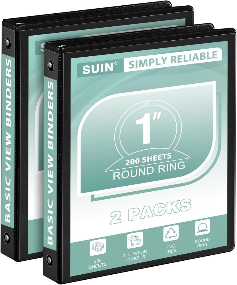 SUIN Economy 1-Inch 3-Ring-Binder, Customizable Clear View Cover, for US Letter Size 8-1/2 x 11'', Perfect for Office/School (Black - 2 Packs) - Image 1